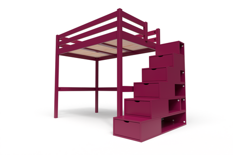 Lit Mezzanine Sylvia Avec Escalier Cube Bois, Couleur: Prune, Dimensions: 120x200