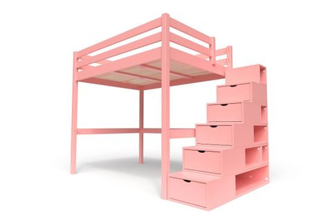 Lit Mezzanine Sylvia Avec Escalier Cube Bois, Couleur: Rose Pastel, Dimensions: 140x200