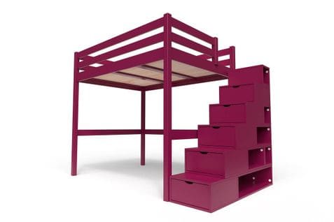 Lit Mezzanine Sylvia Avec Escalier Cube Bois, Couleur: Prune, Dimensions: 140x200