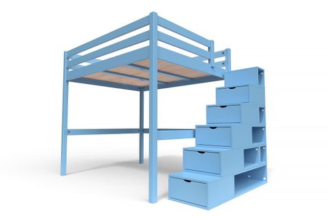 Lit Mezzanine Sylvia Avec Escalier Cube Bois, Couleur: Bleu Pastel, Dimensions: 160x200