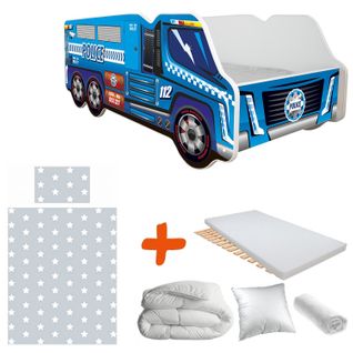 Pack Complet Lit Camion Modèle Police Bleu : Lit + Sommier + Matelas + Parure + Couette + Oreiller