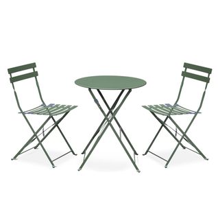 Salon De Jardin Bistrot Pliable - Emilia Rond Vert De Gris - Table Ø60cm Avec Deux Chaises