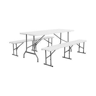 Set De Table Et Bancs De Réception. 180cm. Pliables. Avec Poignée De Transport. Plastique Blanc.