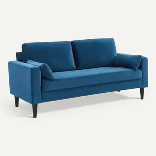 Canapé En Velours Bleu - Bjorn - Canapé 3 Places Fixe Droit Pieds Bois. Style Scandinave