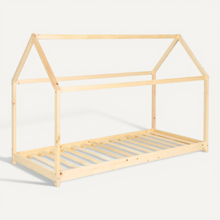 Lit Cabane Montessori. Bois Massif En Pin Naturel - Tobias - Sommier Inclus. 90 X 190 Cm