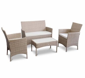 Salon De Jardin En Résine Tressée - Moltès - Naturel. Coussins Beiges - 4 Places - 1 Canapé. 2