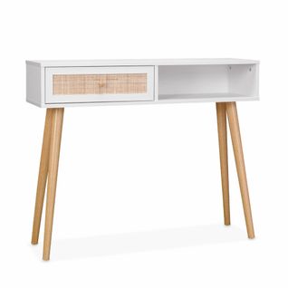 Console En Cannage 100x29x81cm  -  Bohème -  Blanc. 1 Tiroir.1 Espace De Rangement. Pieds