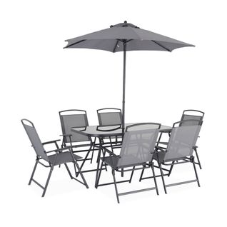 Table De Jardin Acier Avec Parasol + 6 Assises. Anthracite. Structure Acier Avec Revêtement Anti
