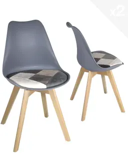 Lot 2 Chaises Scandinaves Coussin Simili Patchwork Rembourré Pieds Bois Clair Lao (gris Bleu)