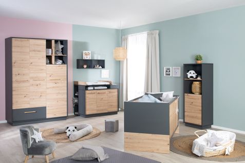 Chambre Bébé Trio Lenn - Lit Évolutif 70x140 + Commode à Langer + Armoire - Anthracite - Décor Bois