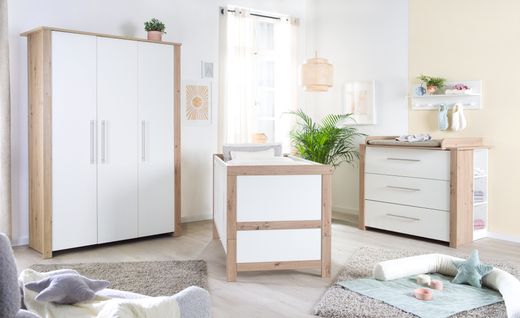 Chambre Bébé Complète Malo - Lit Évolutif 70x140 + Commode à Langer + Armoire - Blanc - Décor Chêne
