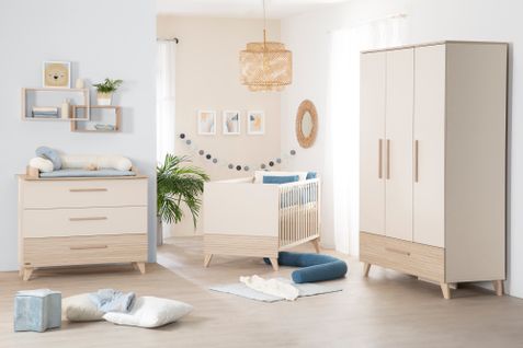 Chambre Bébé Trio Sidney - Lit Évolutif 70x140 + Commode à Langer + Armoire - Beige - Décor Chêne