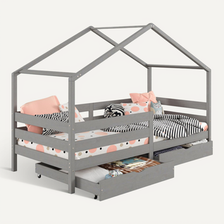 Lit Cabane Ena Avec Tiroirs, 90 X 190 Cm En Pin Massif Lasuré Gris