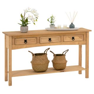 Table Console En Pin Salsa Style Mexicain, Avec 3 Tiroirs