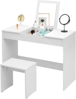 Coiffeuse Table Maquillage En Mdf.avec Tabouret Et Miroir Pliable.100x45x76cm.blanc