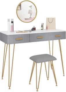 Coiffeuse Avec Miroir+tabouret.table Maquillage Avec 3 Tiroirs Et Tabouret.100x40 cm.gris+blanc+or