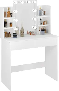 Coiffeuse Avec Miroir LED À Luminosité Réglable, Table De Maquillage, 40 X 90 X 135cm, Blanc