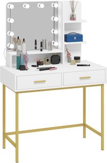 Coiffeuse Avec Miroir Et LED.table De Maquillage Avec 2tiroirs Et 3étagères.90x45x137cm.blanc+doré.