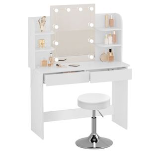 Coiffeuse Avec Miroir LED Et Tabouret Hauteur Réglable,table De Maquillage,108x40x142cm,blanc