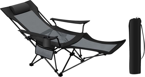 Chaise Camping Pliante,fauteuil Avec Dossier 90-155°,repose-pieds Amovible,porte-gobelet,noir+gris