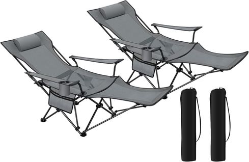 2xChaise Camping Pliante,fauteuil Avec Dossier 90-155°,repose-pieds Amovible,porte-gobelet,gris