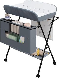 Table à Langer Pliable, Avec Roulettes+Panier De Rangement, Hauteur Réglable, Tissu Oxford, Gris