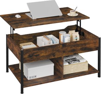 Table Basse à Plateau Relevable, Avec Espace De Rangement, 90x50x(45-60)cm, En Bois D'ingénierie