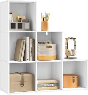 Bibliothèque Avec 6 Cubes, Étagère D'escalier, En Bois D'ingénierie, 90x30x90cm, Blanc