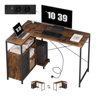 Bureau D'angle 120x80cm,Avec Prises,Port USB-a Typ-c,et Étagère,Table D'ordinateur,Marron Rustique