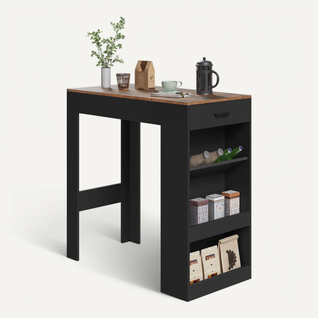 Table De Bar, 1 Tiroir Et 3 Compartiments Ouverts, En Bois D'ingénierie, Rustique+Noir,100x50x100cm