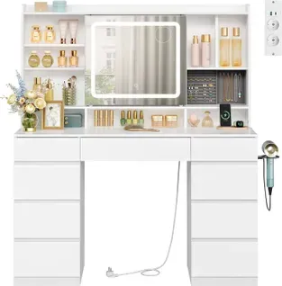 Coiffeuse Avec Miroir LED Coulissant,Multiprise,Luminosité Réglable,1 Casier à Bijoux,en Bois,Blanc