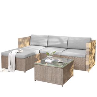 Ensemble Salon De Jardin Avec Canapé D'angle Et Table Basse, Coussins Lavables, Acier, kaki