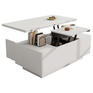 Table Basse Double Plateau Relevable Rangement Caché Panneaux De Particules Blanc
