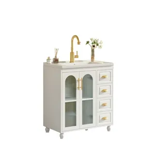 Meuble Lavabo En Mdf Et Vasque En Céramique 80x47x90 Cm Avec 3 Portes, 3 Tiroirs, Blanc