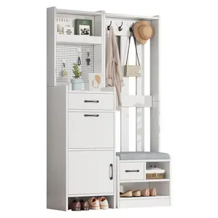 Vestiaire D’entrée 110 X 35 X 175,5 Cm Avec 2 Tiroirs, 2 Portes, Crochets, Banc, Blanc