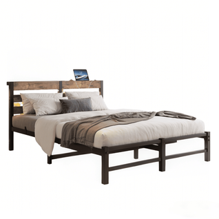 Lit Adulte 140x190 Cm Avec Éclairage LED, USB, Rangement, En Métal Et Bois, Noir Et Marron