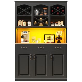Buffet De Cuisine Haut.180 Cm Noir LED Avec 3 Portes, 3 Tiroirs Et Casier à Vin, Grand Rangement