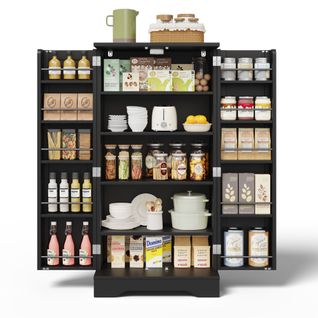 Buffet De Cuisine Noir, Armoire Haute 120x60x40 Cm, 2 Portes, LED Rechargeable, Finition Bois