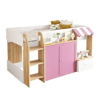 Lit Mi-haut Enfant 90x200 Cm Cabane En Pin, Blanc Et Rose, Avec 2 Portes Et Sommier à Lattes