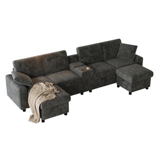 Canapé D'angle U 315 Cm En Tissu Côtelé Gris Avec 2 Poufs De Rangement, Table, Prises USB