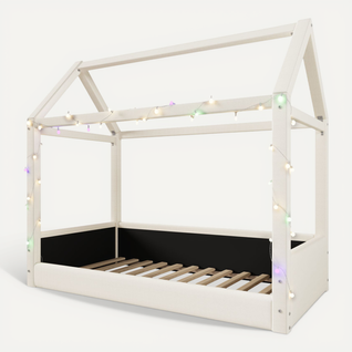 Lit Enfant 90x200 Cm Style Cabane En Lin Beige Avec Éclairage LED Et Sommier à Lattes