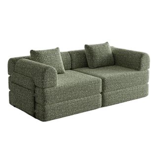 Canapé Convertible 2 Place Modulable Tissu Chenille Vert Avec Rangement Accoudoir, Cadres Métal