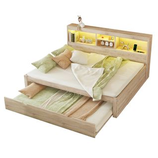 Lit Gigogne 140x200 Cm Double, Tiroir Coulissant 90x190, LED, Ports USB, Prise, Rangement, Naturel