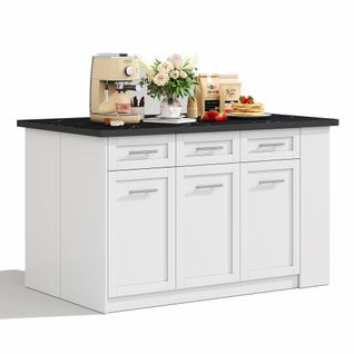 Îlot De Cuisine Multifonction – Table Extensible, Plateau Effet Marbre, Rangement – Blanc/noir
