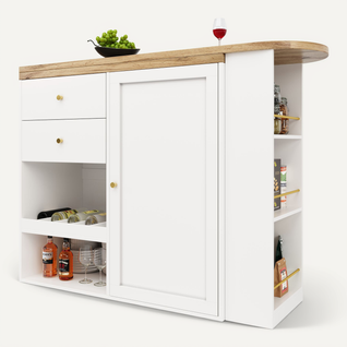 Table Bar Pivotant 360°, Porte Coulissante, 2 Tiroirs Et étagères Ouvertes, Meuble Bar Mdf, Blanc