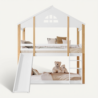 Lit Superposé Cabane Enfant 90x200 Cm, Toboggan, échelle D’angle, Barrière, Pin Mdf, Blanc/bois