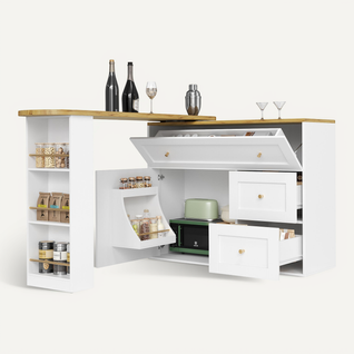 Table à Manger - Table Haute Extensible Avec Rangement, Meuble Bar Îlot Cuisine, Mdf Métal, Blanc