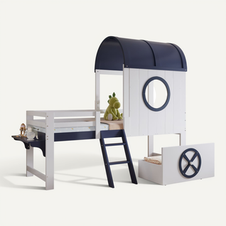 Lit Enfant 90x200 Cm - Lit Cabane Avec Rangement Et Design Marin - Pin Et Mdf - Blanc + Bleu Foncé