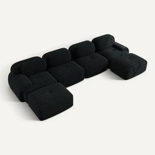 Canapé En U 4 Places Avec 2 Poufs - Sans Montage, Accoudoirs Larges, Velours Côtelé Noir