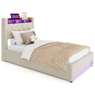 Lit Coffre 90x190 Cm - Lit Simple Capitonné Velours Gris Avec Rangement LED Et USB